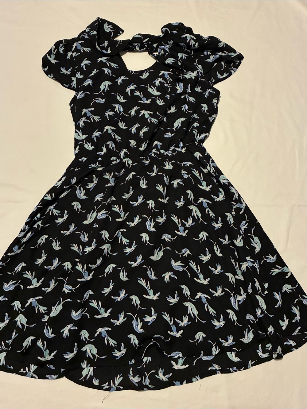 Girls Black Dress with Light Blue Bird Print